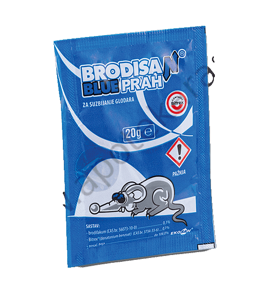 brodisan-blue-prah-1 Brodisan BLUE prah 0,1 % sa Bitrexom a 20gr. za pripremu mamaca za suzbijanje glodara